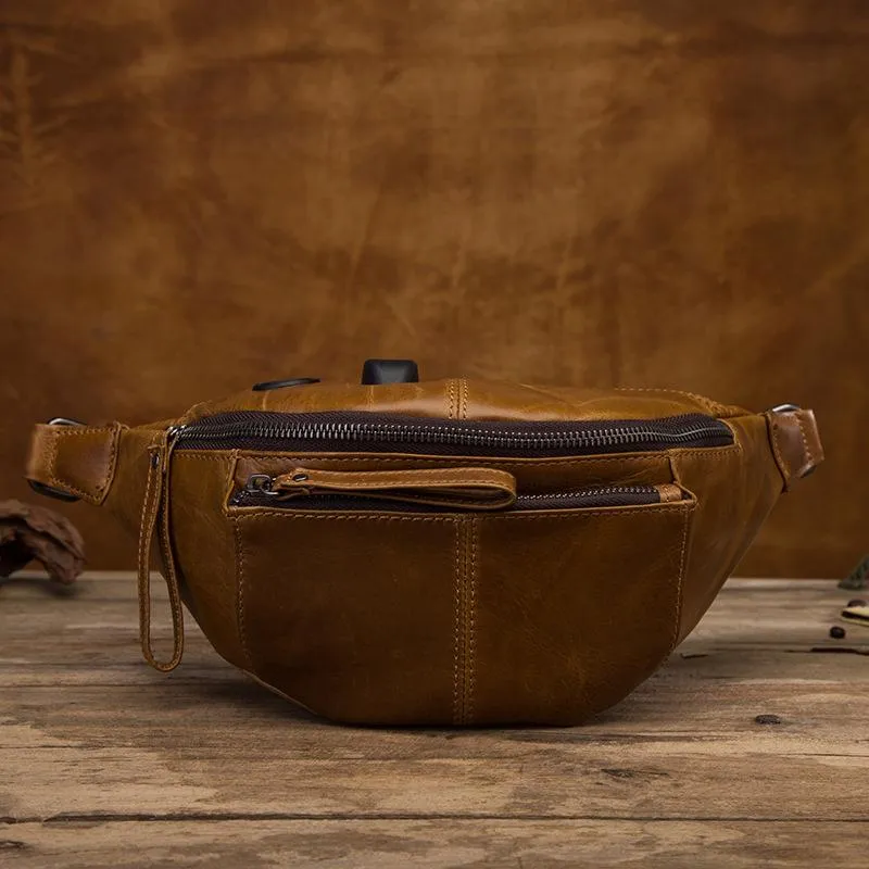 Vintage Brown Leather Men's Fanny Packs Hip Pack Waist Bag For Men Trendy Look