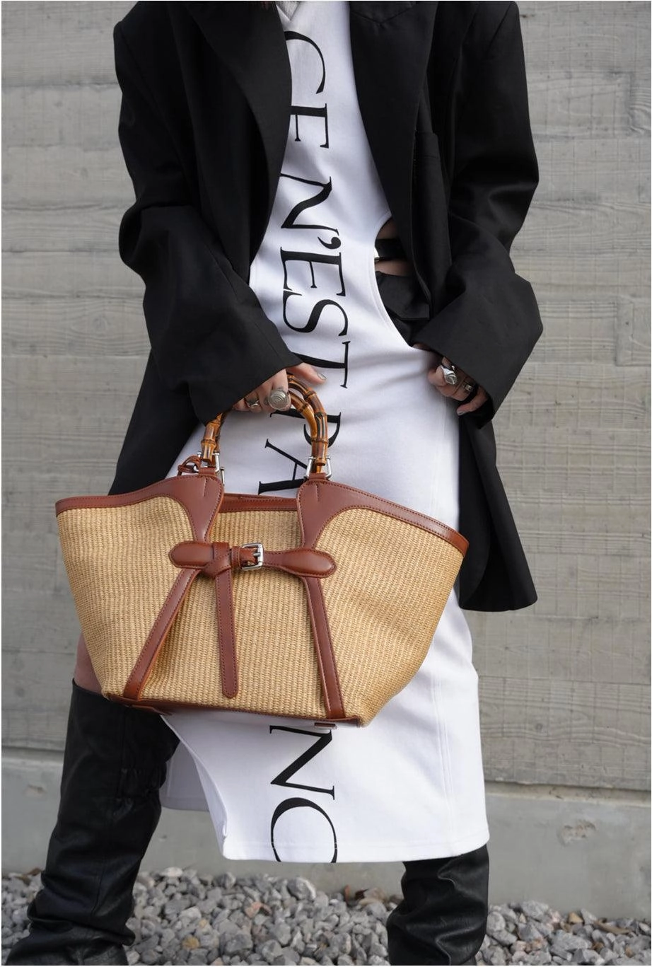 Vintage Bamboo Handle Genuine Leather Bucket Bag, Large Basket-style Commuter Tote Bag Soft Flexible Form Sleek Everyday Style