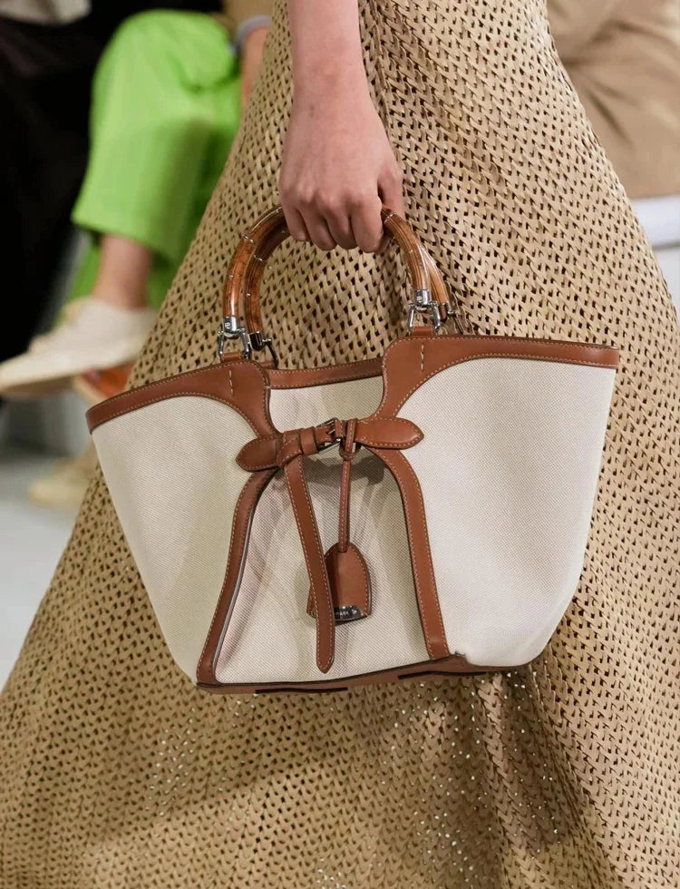 Elegant Minimal Look Contemporary Casual Look Vintage Bamboo Handle Genuine Leather Bucket Bag, Large Basket-style Commuter Tote Bag