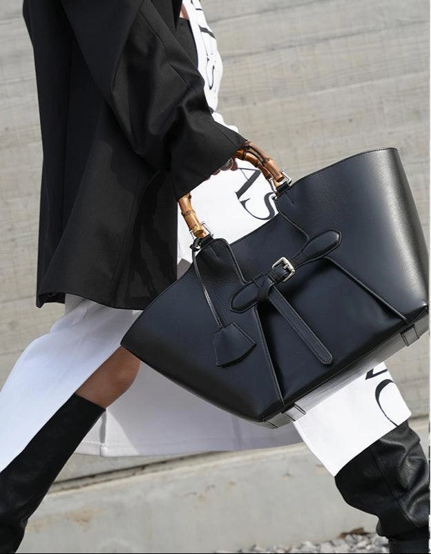 Vintage Bamboo Handle Genuine Leather Bucket Bag, Large Basket-style Commuter Tote Bag Vintage Aesthetic