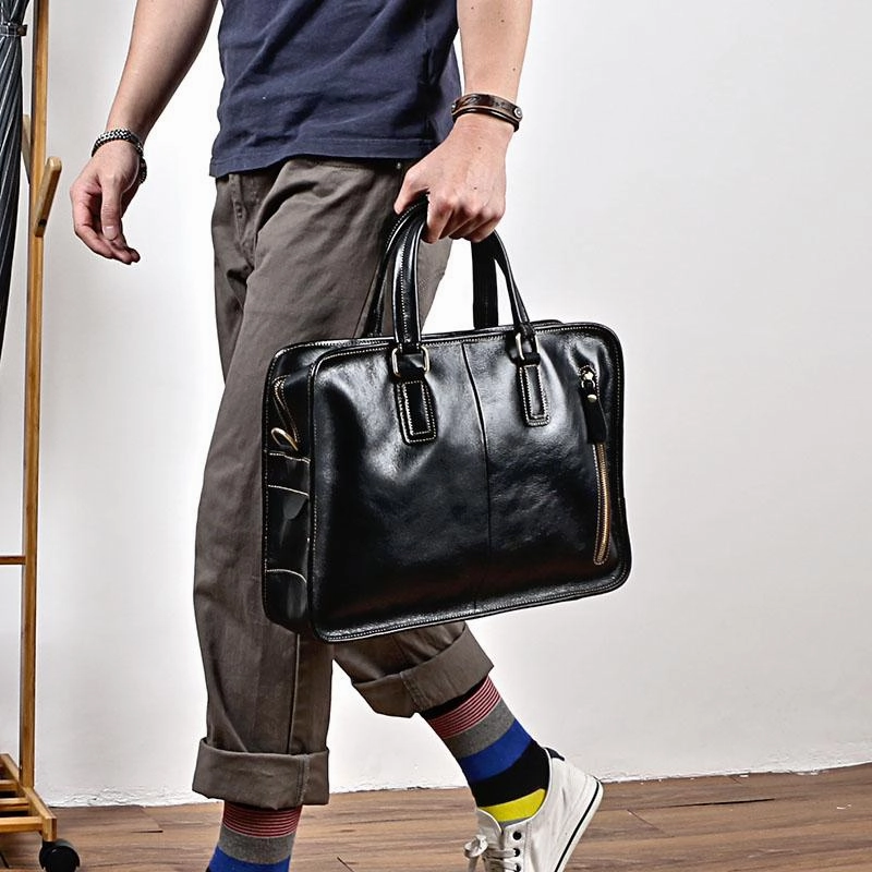 Vintage Black Mens Leather Briefcase Work Handbag Brown 14'' Computer Briefcase For Men Timeless Lifestyle Design Focus