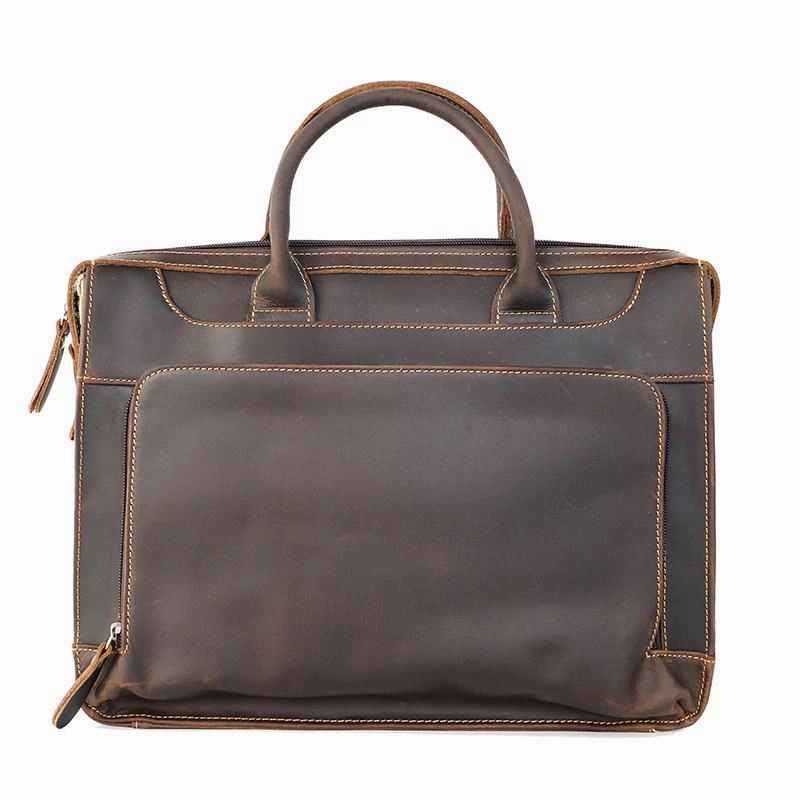 Luxury material Vintage Black Mens Leather Briefcases Work Handbag Black 14'' Computer Briefcases For Men