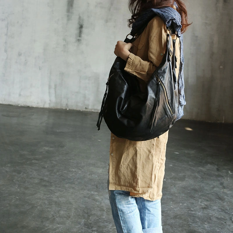 Lightweight Function Practical Access Vintage Black WOMENs LEATHER Hobo Handbag Fashion Hobo Shoulder Bag FOR WOMEN