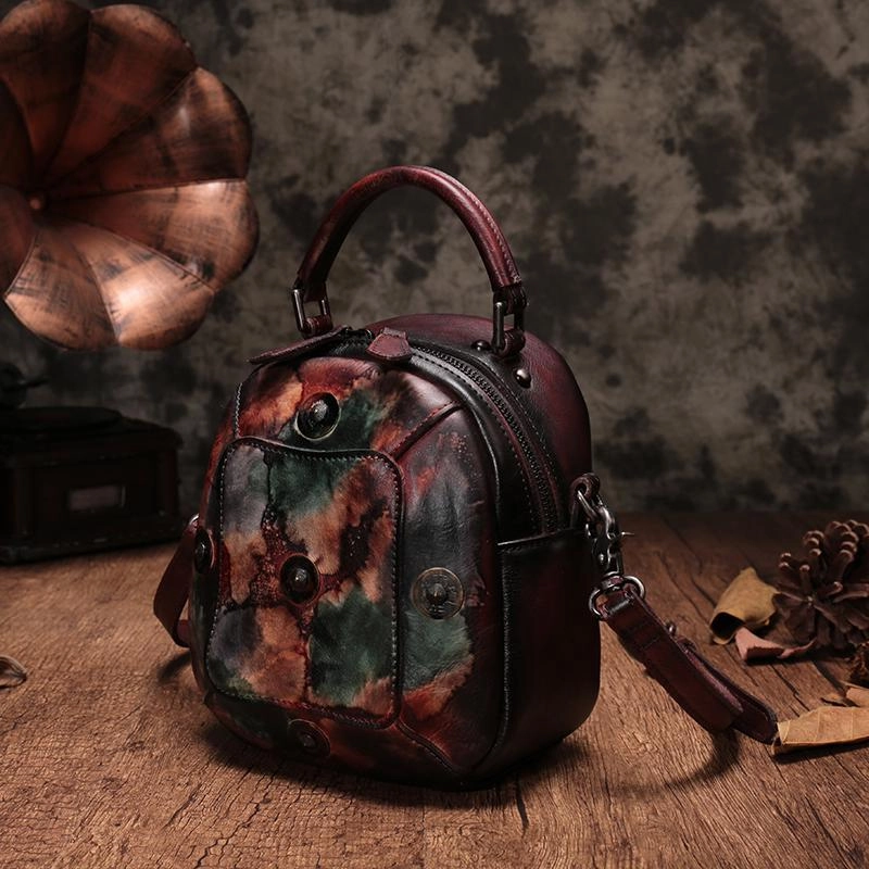 Iconic Piece Vintage Brown Geometric Womens Leather Round Brown Handbag Box Shoulder Bag Purse for Ladies