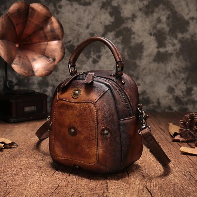 Crossbody Option Compact Travel Vintage Brown Geometric Womens Leather Round Brown Handbag Box Shoulder Bag Purse for Ladies