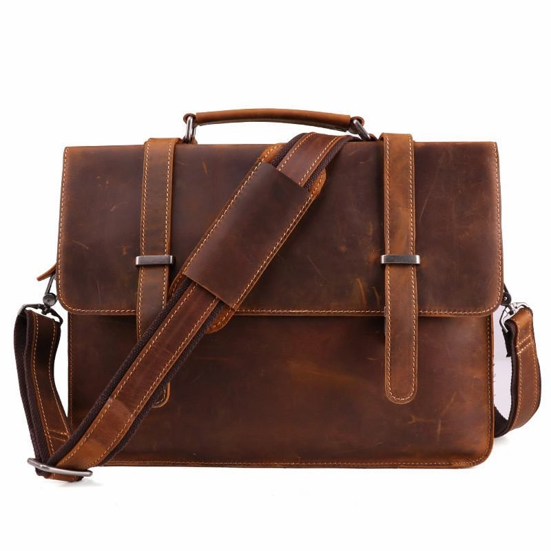 Vintage Brown Leather Men's Professional Briefcase Handbag 14???? Laptop Briefcase For Men Contemporary Trend