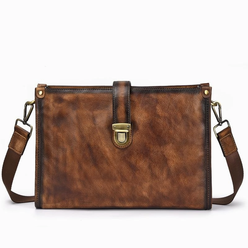 Work Essential Daily Storage Vintage Brown Leather Men's Side Bag Messenger Bag 10'' Courier Shoulder Bag For Men