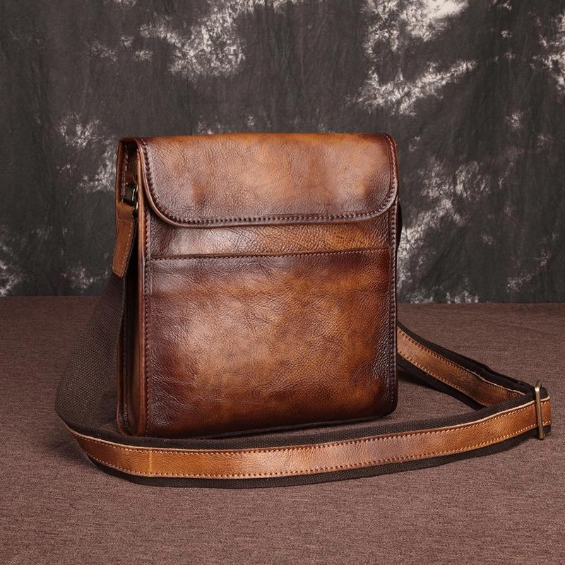 Vintage Brown Leather Men's Small Vertical Messenger Bag Side Bag Courier Bag For Men Practical Design Smart Travel