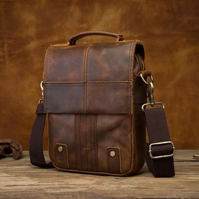 Compact Performance Outdoor Adventure Vintage Brown Leather Mens Small Vertical Side Bags Courier Bag Messenger Bag For Men