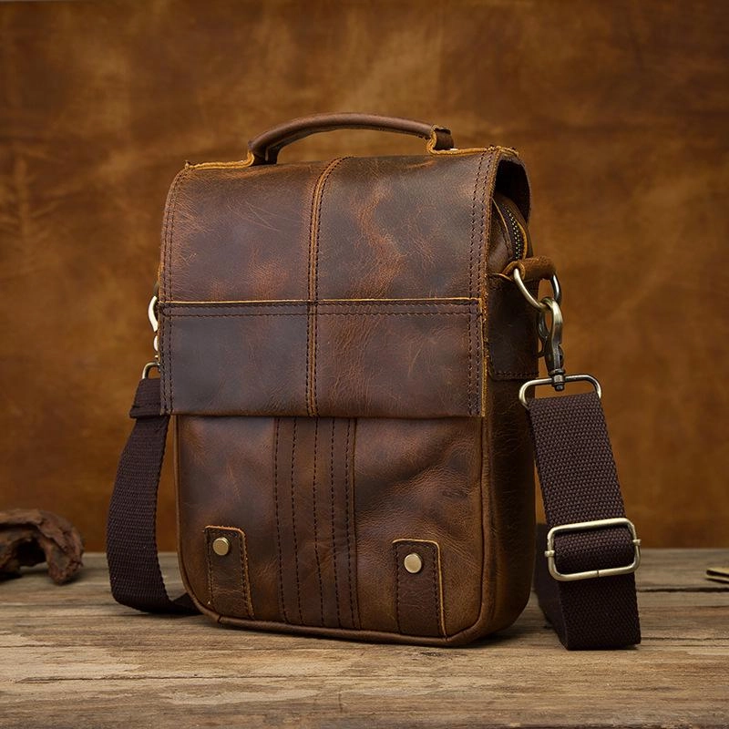 Vintage Brown Leather Mens Small Vertical Side Bags Courier Bag Messenger Bag For Men Stylish Journey