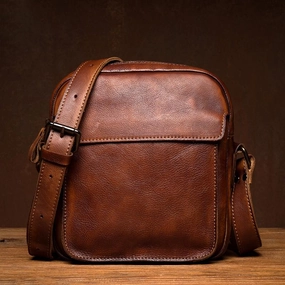 Minimal Utility Portable Travel Vintage Brown Leather Small Vertical Postman Bag Messenger Bag Courier Bag for Men