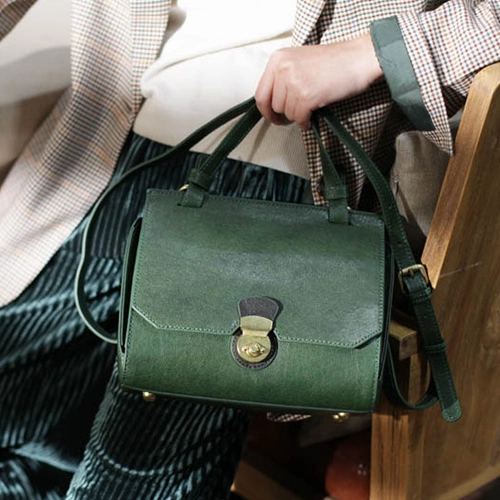 Magnetic Snap Vintage Brown Leather Women's Top Handle Handbag Structured Small Green Satchel Bag Shoulder Bag Purse