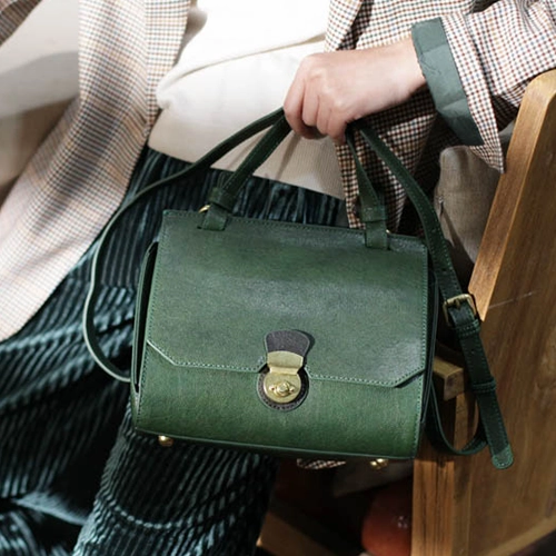 Functional Trend Vintage Brown Leather Women's Top Handle Handbag Structured Small Green Satchel Bag Shoulder Bag Purse