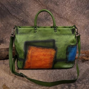 Vintage Color Green Block Women Leather Tote Handbags Shopping Bag Purse Handbags Shoulder Bags Durable Construction