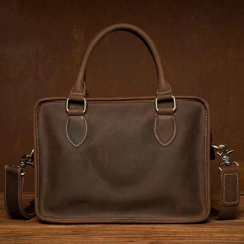 Minimalist Look Trendy Look Vintage Dark Brown Leather Small Mens Briefcase Cool Work Bag Messenger Bags for Men