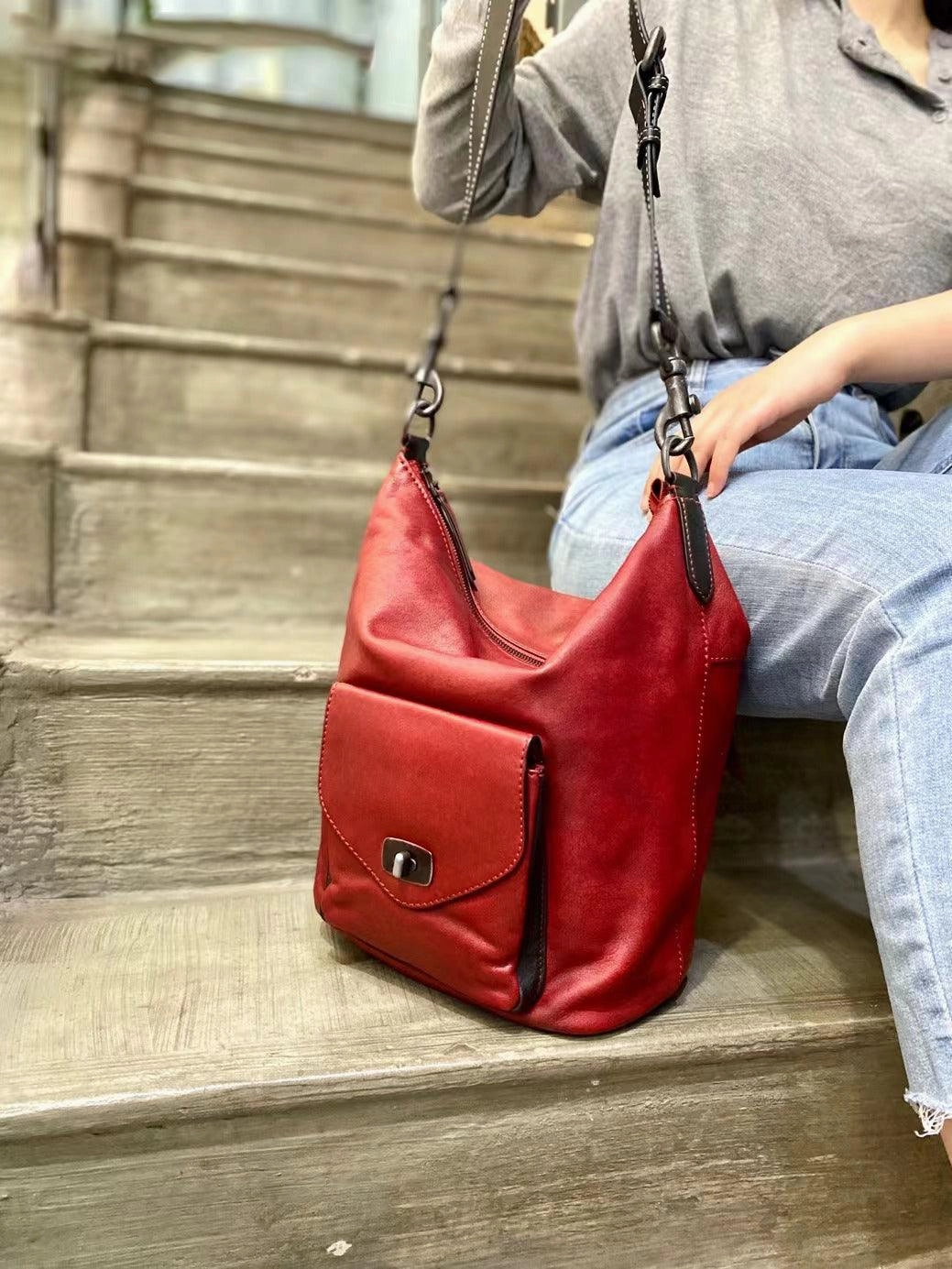 Vintage Full Grain Leather Hobo Shoulder Bag ?? Handcrafted Cowhide Leather Bucket Bag Elegant Minimal Look Daily Use Purse
