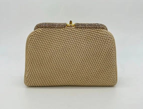 Classic Design Vintage Judith Leiber Beige Pleated Silk Swarovski Crystal Top Clutch c1980s