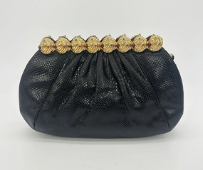 Vintage Judith Leiber Black Lizard Gold Gemstone Top Clutch Glossy Finish Elegant Simplicity