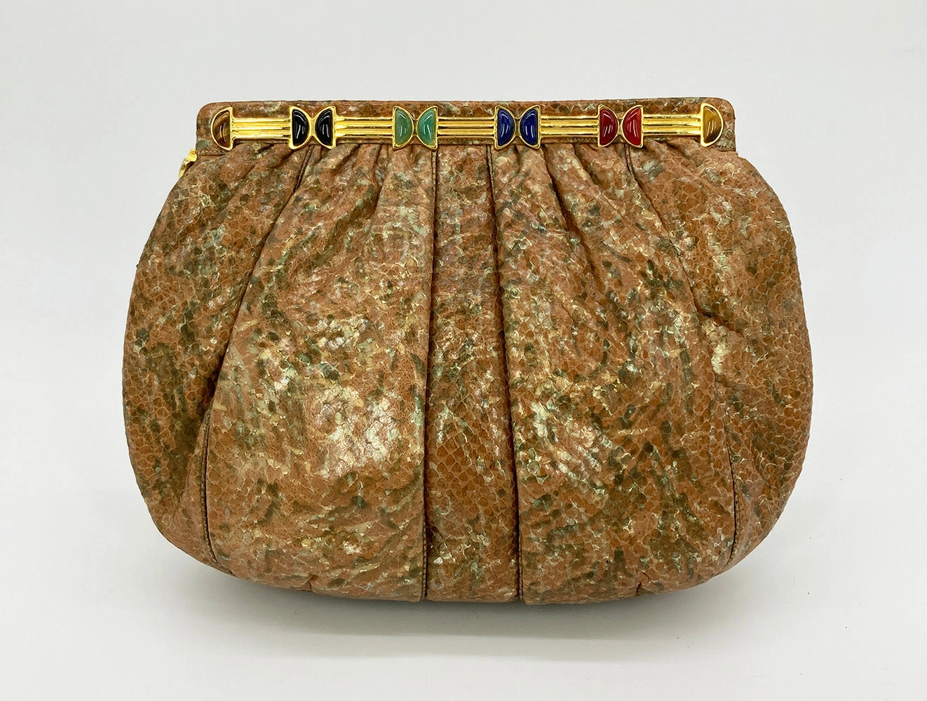 Vintage Judith Leiber Natural Tan and Brown Snakeskin Clutch Chic Look Modern Minimalism