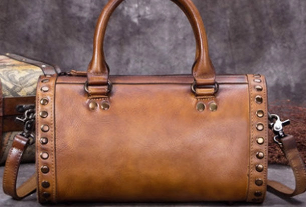 Vintage Leather Boston Handbag Rivet Shoulder Bag Purses For Women Artistic Shape Lightweight Carry