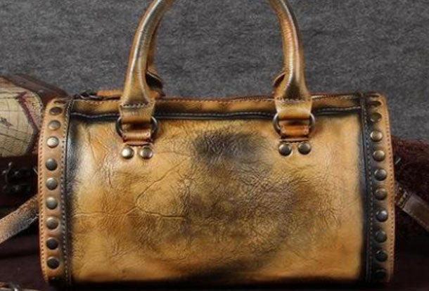 Vegan Option Vintage Leather Boston Handbag Rivet Shoulder Bag Purses For Women