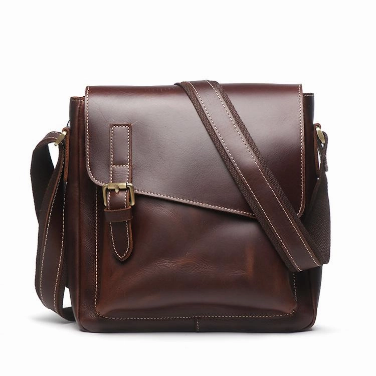Vintage Leather Men's Small Side Bag Vertical Messenger Bag Shoulder Bag For Men Weekend Style