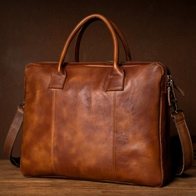 Vintage Leather Mens Brown Briefcase Work Bag Laptop Bag Handbag Business Bag for Men Music Festival Bold statement purse