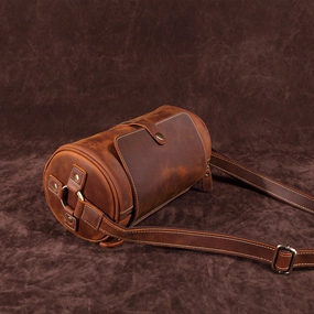 Modern Companion Sporty Vibe Vintage Leather Small Barrel Messenger Bag Shoulder Bag For Men