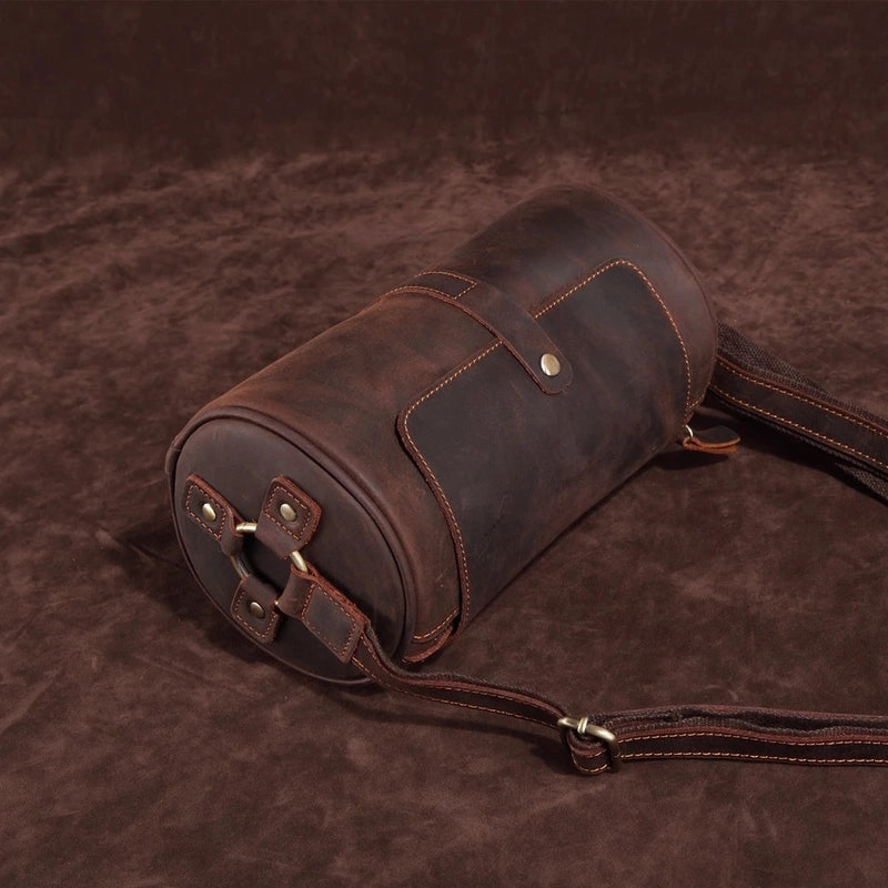 Vintage Leather Small Barrel Messenger Bag Shoulder Bag For Men Work Routine