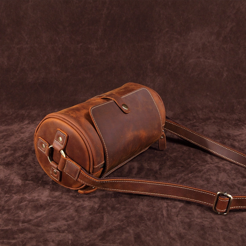 Functional utility Vintage Leather Small Barrel Messenger Bag Shoulder Bag For Men