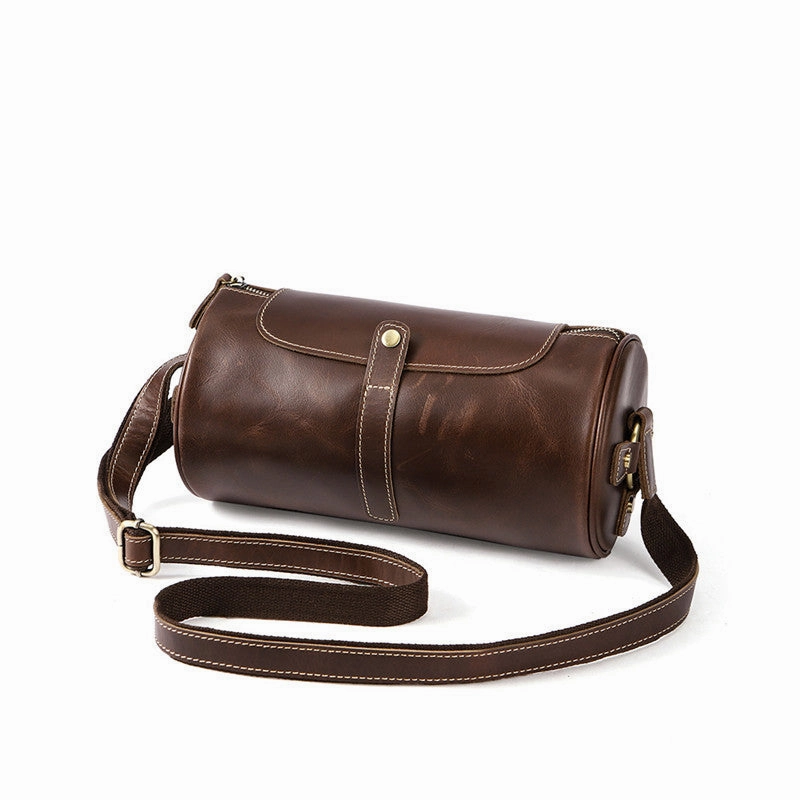 Vintage Leather Small Barrel Messenger Bag Shoulder Bag For Men Everyday Durability