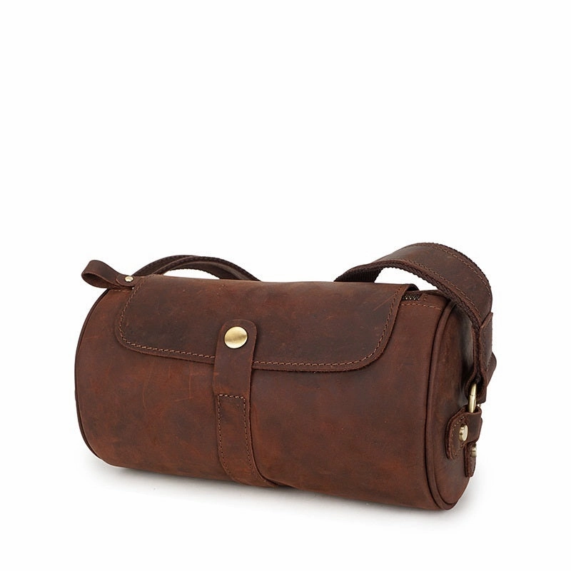 Vintage Leather Small Barrel Messenger Bag Shoulder Bag For Men Smart Carry Outdoor Function