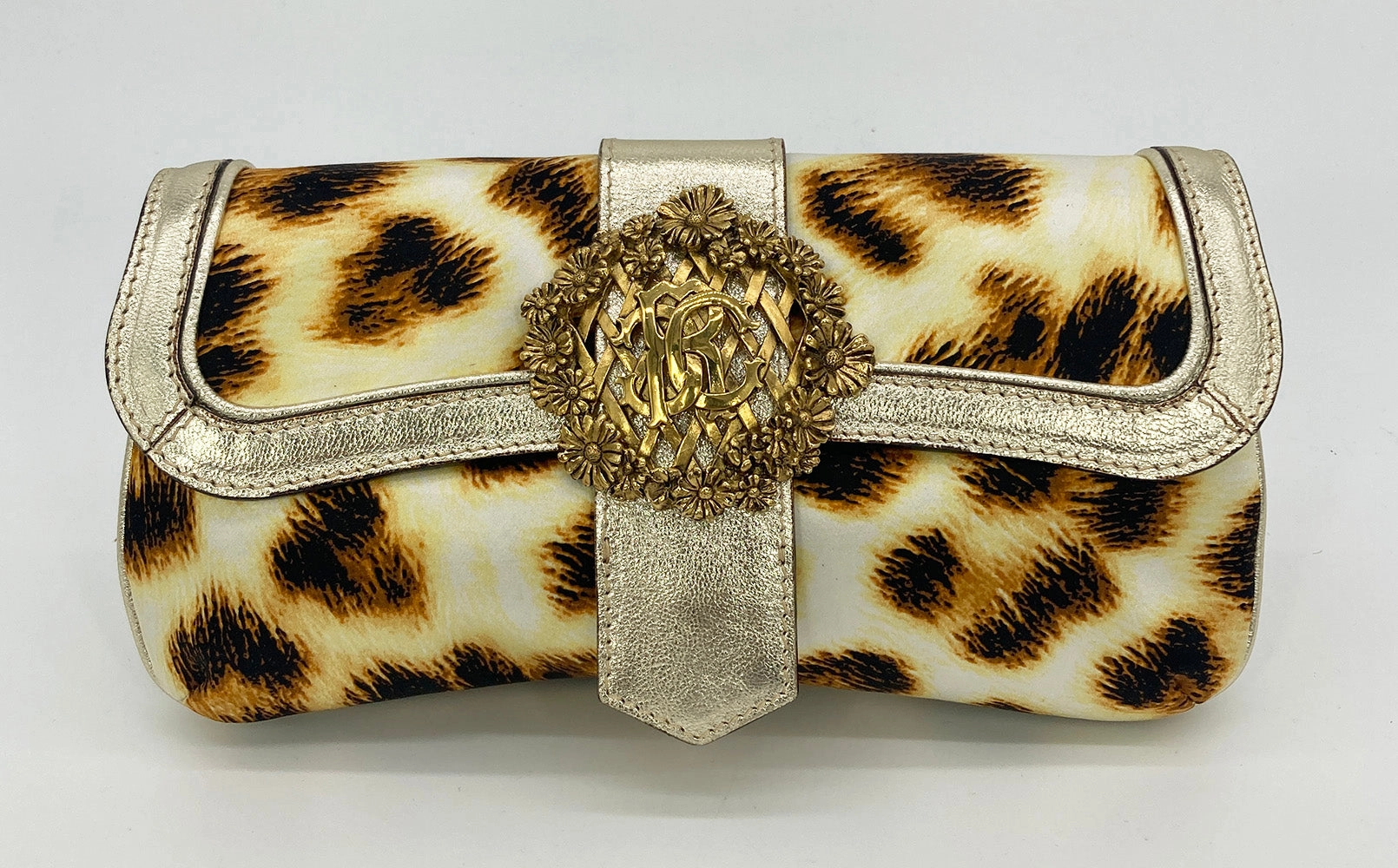 Elegant Attire Modern Outfit Vintage Roberto Cavalli Leopard Print Silk Sunflower Clutch Baguette