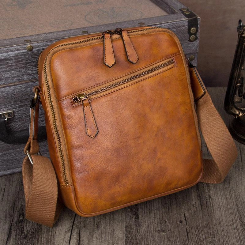 Vintage Small Vertical Leather Brown Small Messenger Bag Black Side Bag Courier Bag for Men Functional Comfort
