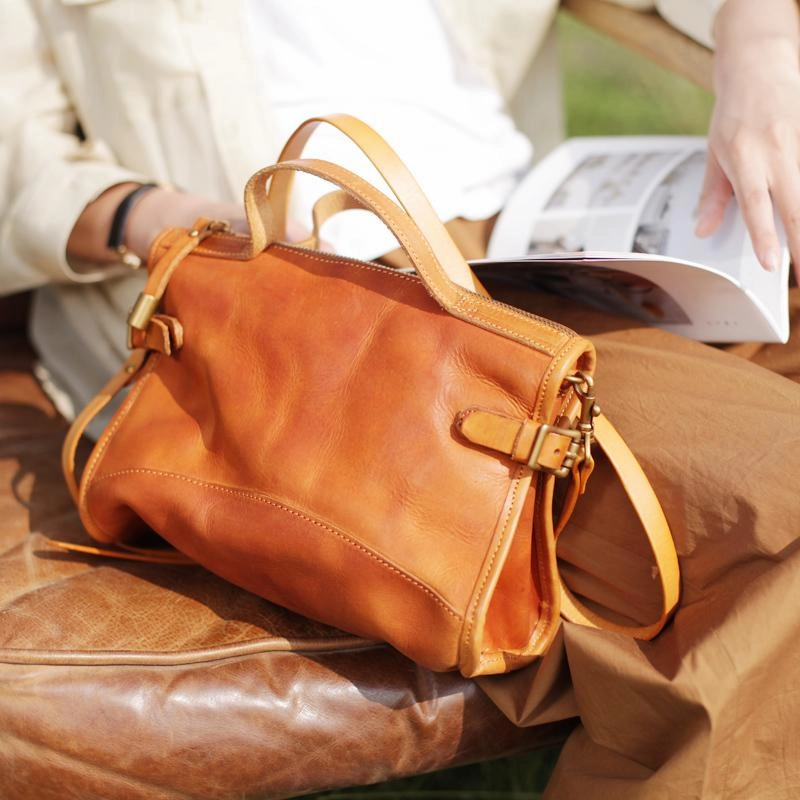 Functional Beauty classic tone Vintage Soft Tan Womens Leather Handbag Women's Satchel Handbag Purse Shoulder Bag for Women