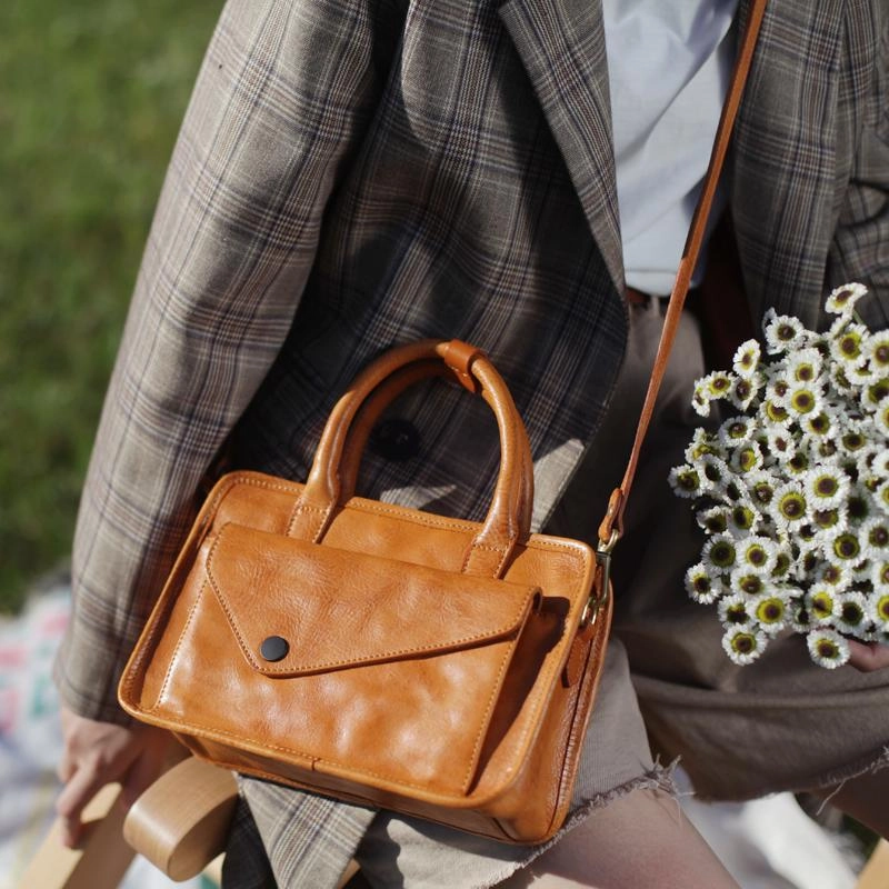 Summer Trend City Commuter Vintage Women's Leather Satchel Brown Handbags Square Tan Crossbody Bag Purse