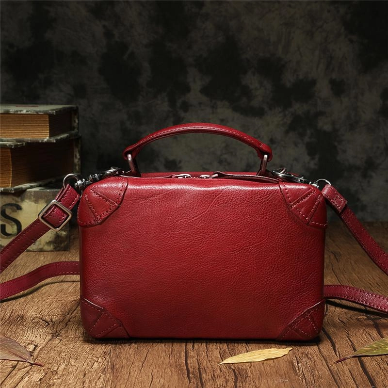 Vintage Womens Brown Leather Box Satchel Handbag Square Shoulder Bag Handbags Crossbody Bag Purse Easy Organization Simple Aesthetic