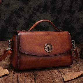 Distinctive Style Vintage Womens Brown Leather Handbags Red Leather Shoulder Handbag Satchel Purse for Ladies