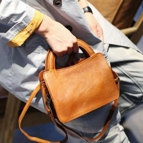 Vintage Womens Brown Leather Top Handle Satchel Small Handbag Black Leather Satchel Shoulder Bag City Travel Compact Shopper