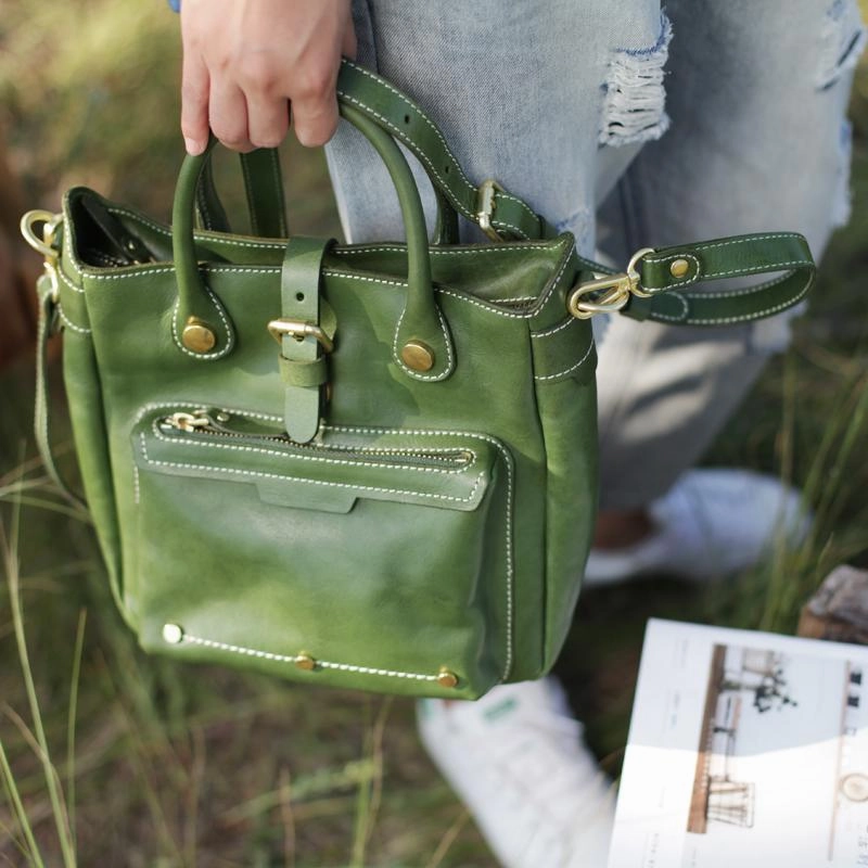 Urban Chic Vintage Womens Brown Leather Vertical Handbag Tote Green Satchel Purse Women's Shopper Handbags