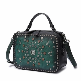 Vintage Womens Green Leather Handbag Purse Cube Rivet Shoulder Handbag Crossbody Bags Practical Companion Effortless Style
