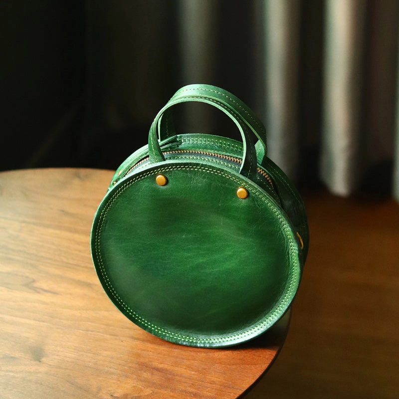 Functional Piece Vintage Womens Green Leather Round Handbag Purses Green Round Shoulder Bag Crossbody Handbag for Women