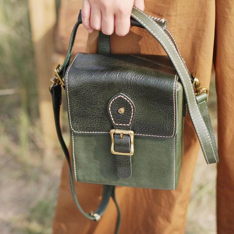 Commuter Essential Functional Handbag Vintage Womens Green Leather Satchel Small Handbag Bucket Shoulder Bag Brown Box Bags Purses