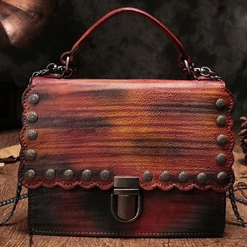 Vintage Womens Red Leather Handbags Purse Satchel Handbags Shoulder Crossbody Bags for Ladies Weekend Casual