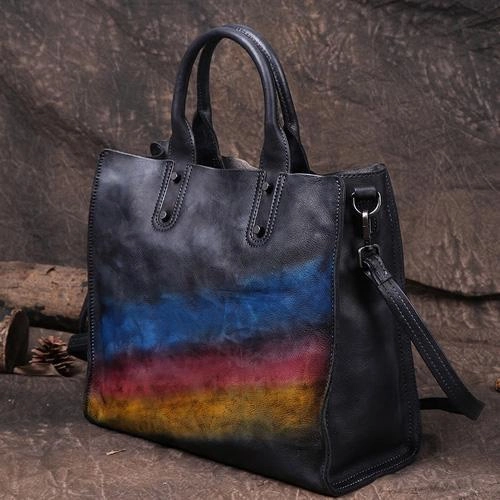 Vintage Womens Tan Leather Handbags Shopper Handbag Women's Tote Shoulder Purse Smooth Grain