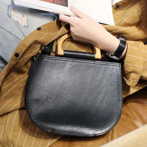 Travel Companion Fashion Womens Leather Circle Handle Shoulder Handbag Black Wooden Round Shaped Side Purses
