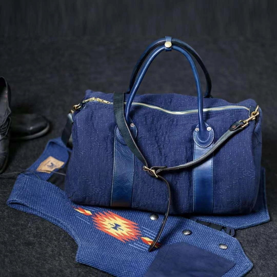 Washed Cotton Weekender Bag with Leather Accents | Women Leather Duffle Bag | Mens Travel Bag, Carry-On Bag, Leather Weekend Bag, Leather Gym Bag Neat Compartments Heavy Design