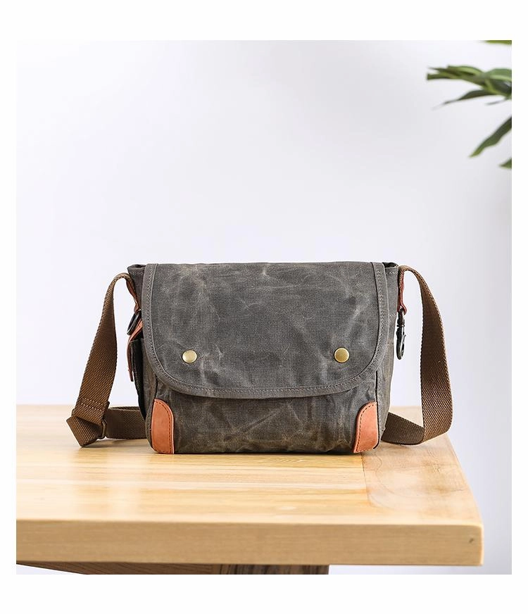 Soft Texture Wax Canvas Leather Mens 10'' Gray Side Bag Courier Bag Khaki Messenger Bag for Men