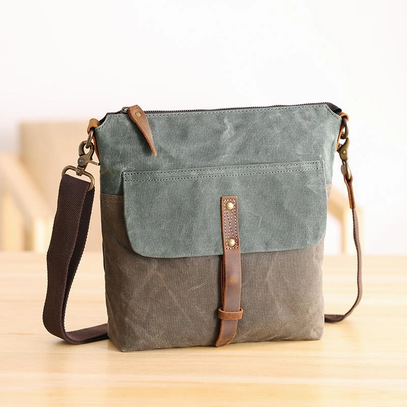 Wax Canvas Leather Mens Small Waterproof Vertical Green Side Bag Courier Bag Messenger Bag for Men Classic Functionality Everyday Performance