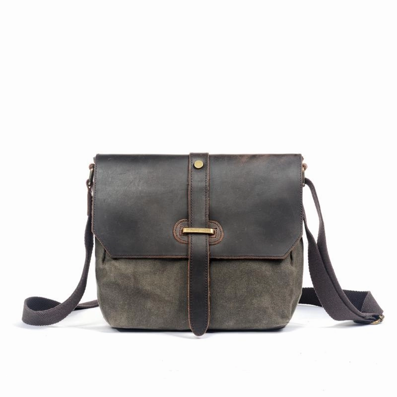 Simple Function Waxed Canvas Leather Gray Mens Small Side Bag Green Shoulder Bag Messenger Bag For Men
